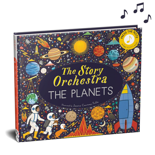 Children's book titled 'The Story Orchestra The Planets' with space-themed illustrations on a white background.