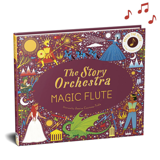 Book titled 'The Story Orchestra Magic Flute' with colorful illustrations on a white background