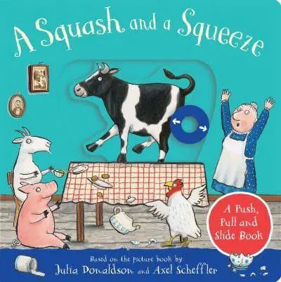 Cover of a children's book titled 'A Squash and a Squeeze' with illustrations of farm animals and a child.
