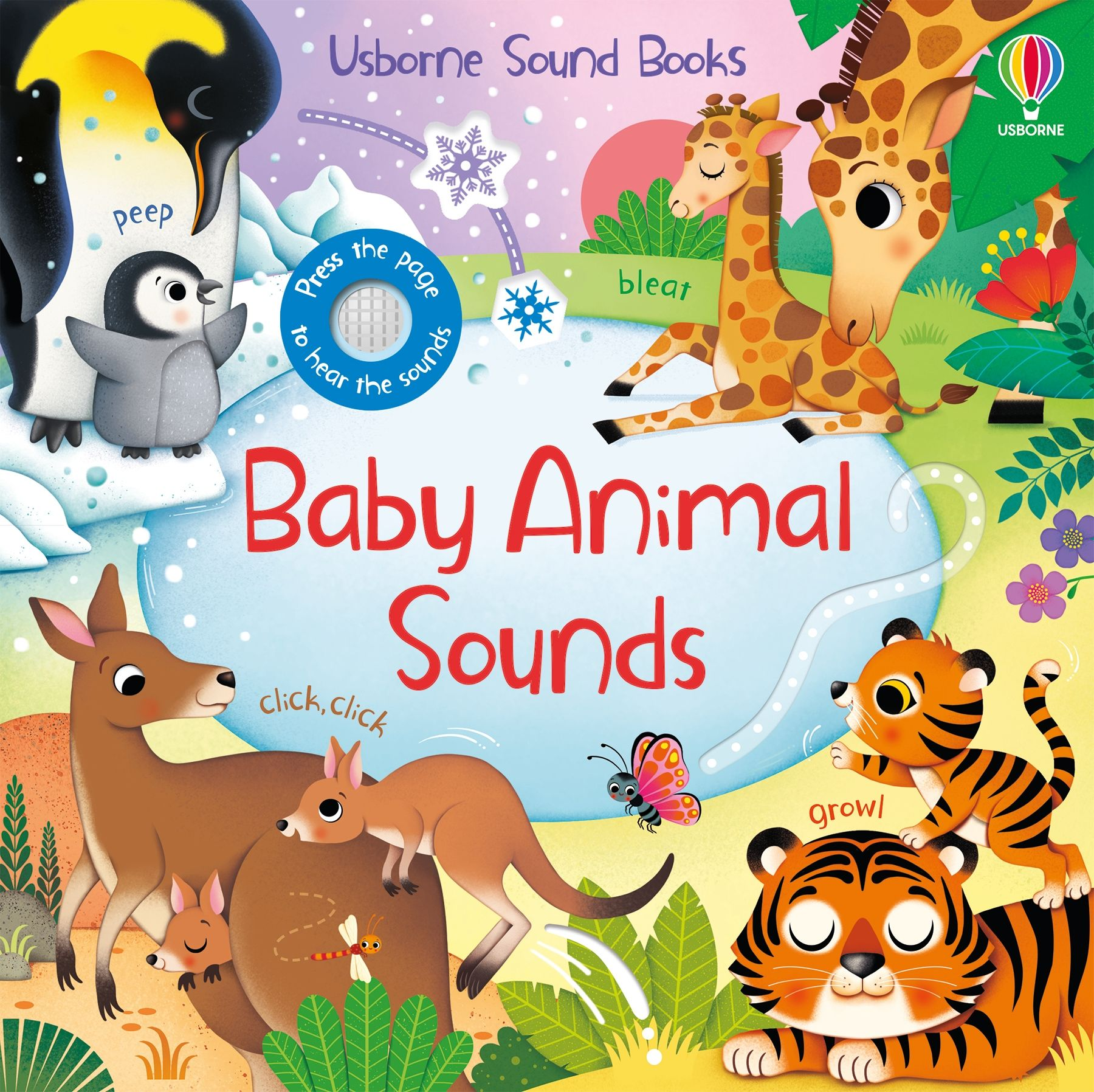 Book cover of 'Baby Animal Sounds' with colorful illustrations of animals and sound effects text.