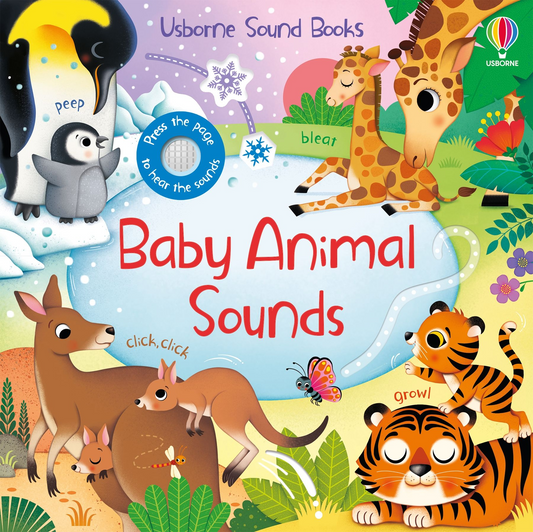 Book cover of 'Baby Animal Sounds' with colorful illustrations of animals and sound effects text.