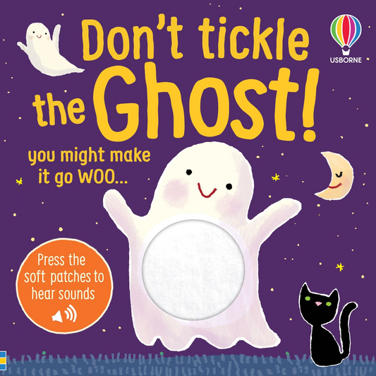 Book cover of 'Don't Tickle the Ghost!' with a ghost illustration and Usborne logo.