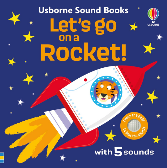 Book cover of 'Let's go on a Rocket!' by Usborne Sound Books with a rocket and tiger illustration.