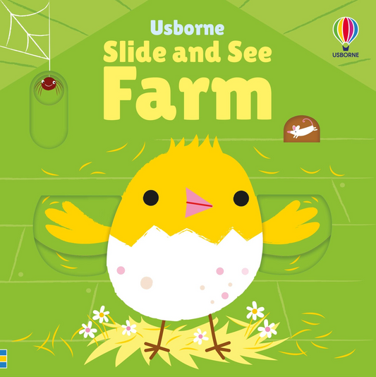 Book cover of 'Slide and See Farm' by Usborne with a cartoon chick on a green background.