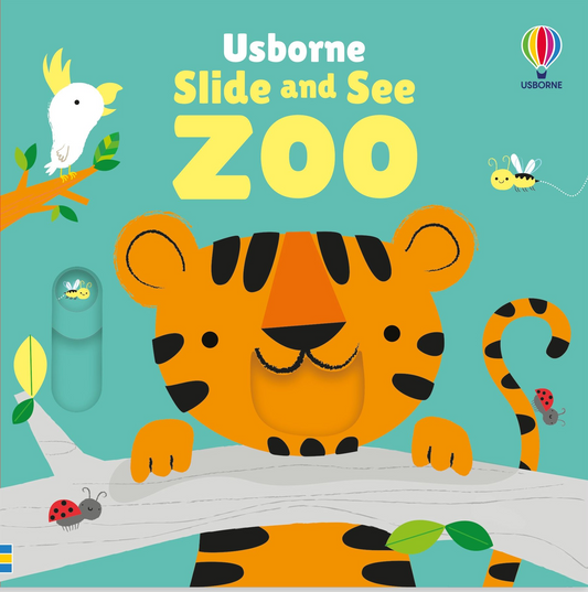 Book cover of 'Slide and See Zoo' by Usborne with a tiger illustration on a blue background.