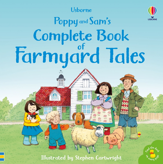 Book cover of 'Poppy and Sam's Complete Book of Farmyard Tales' with illustrations of children and farm animals.
