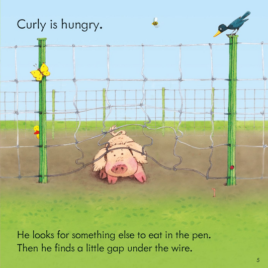 Illustrated book pages showing a girl with pigs and a pig looking for food.