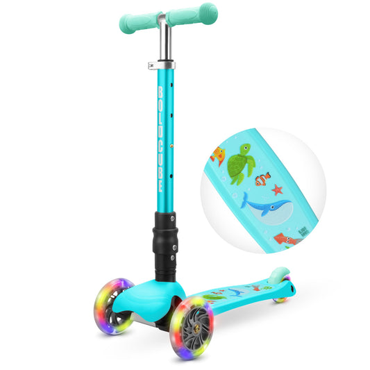 Children's scooter with colorful wheels and a helmet on a white background