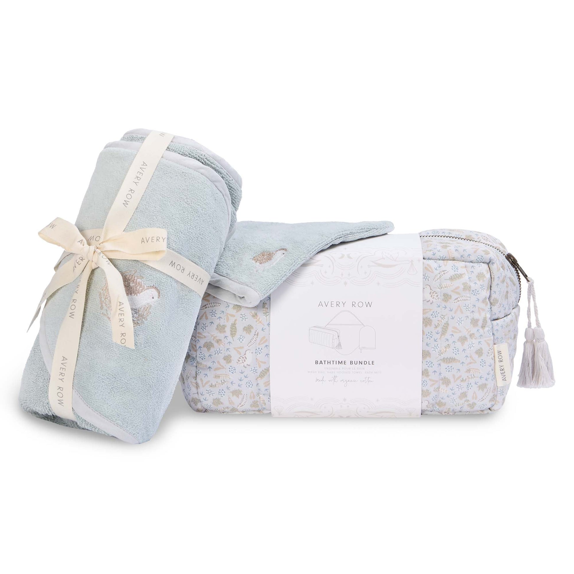 Baby bath time bundle with wrapped items on a white background
