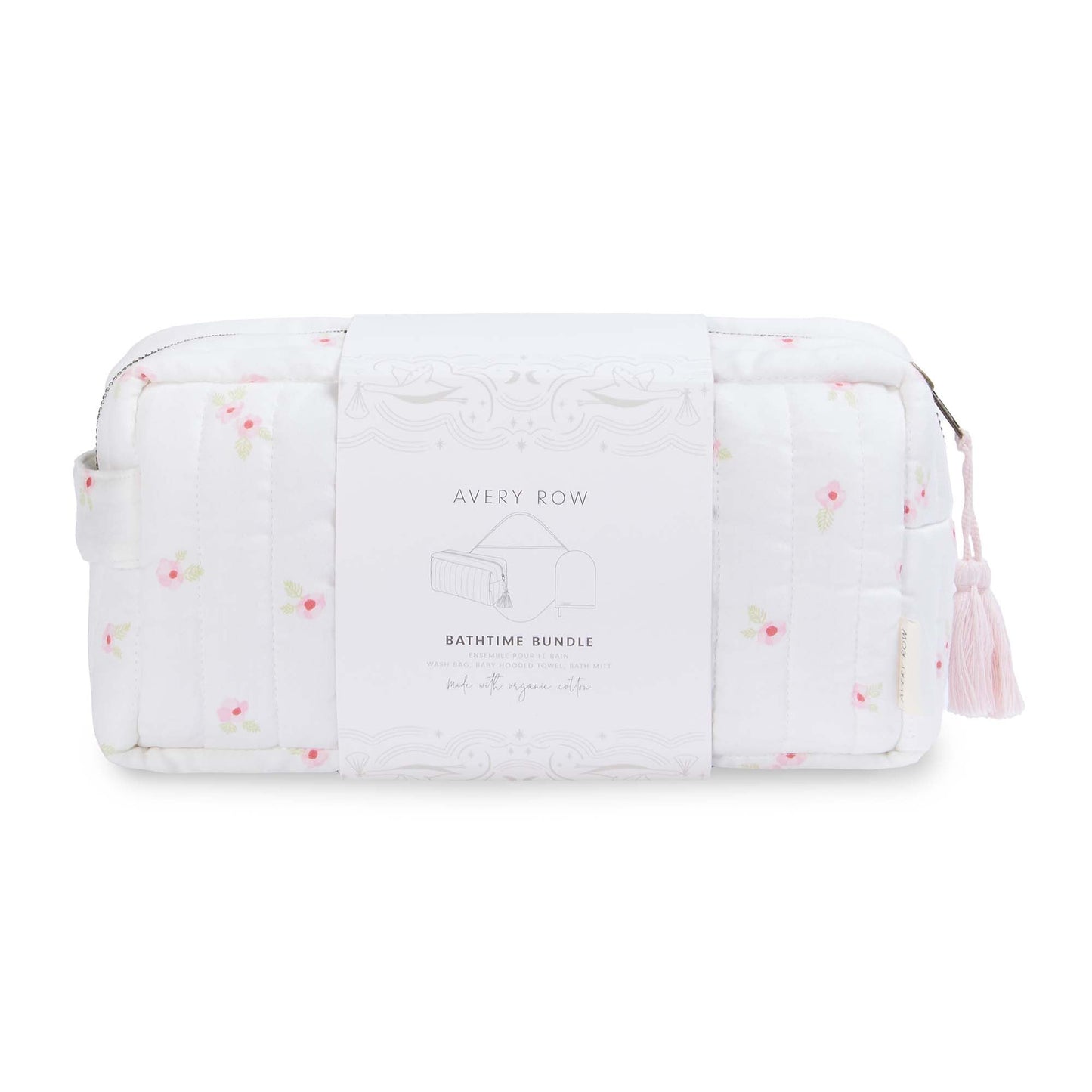 White baby bath kit with floral patterns on a white background