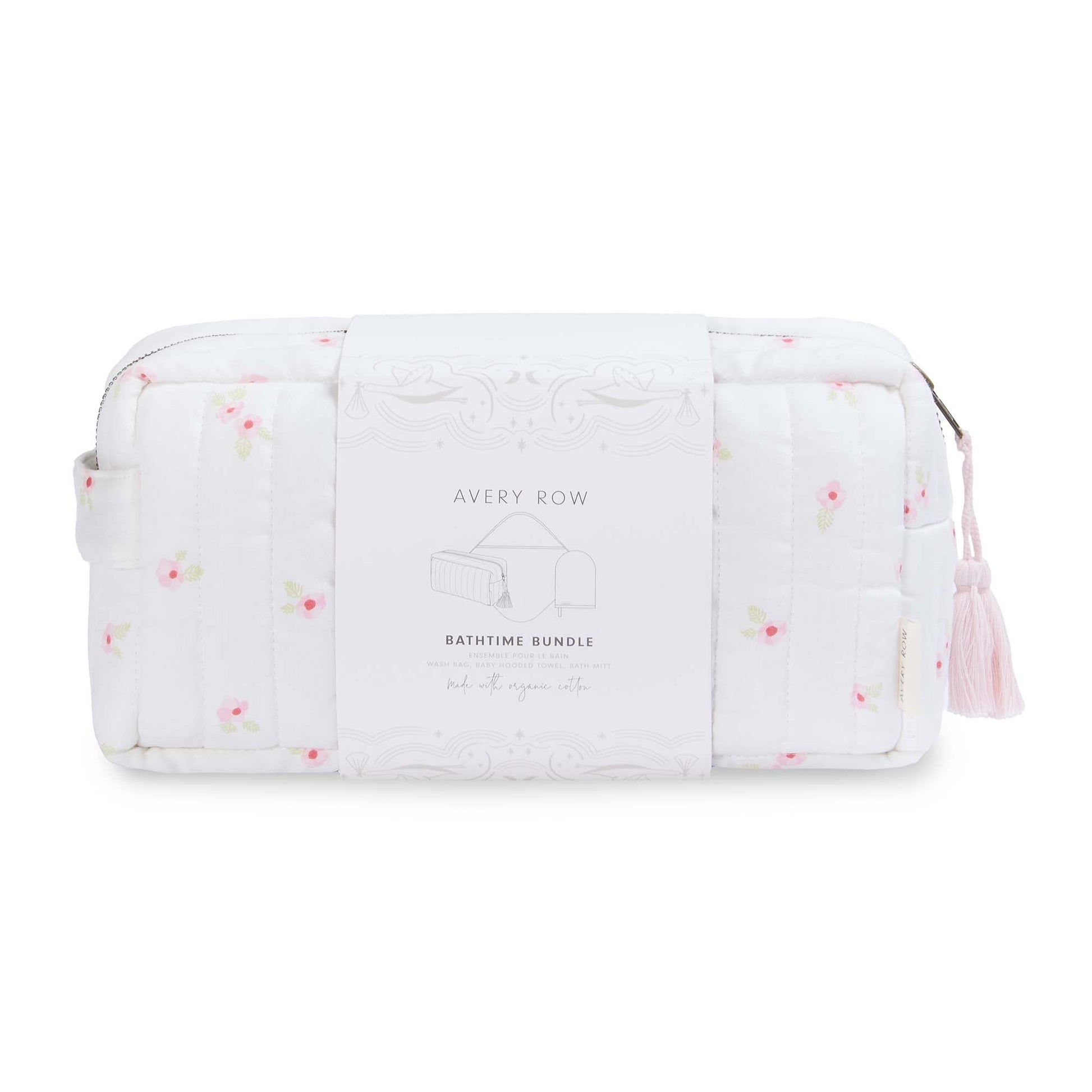 White baby bath kit with floral patterns on a white background
