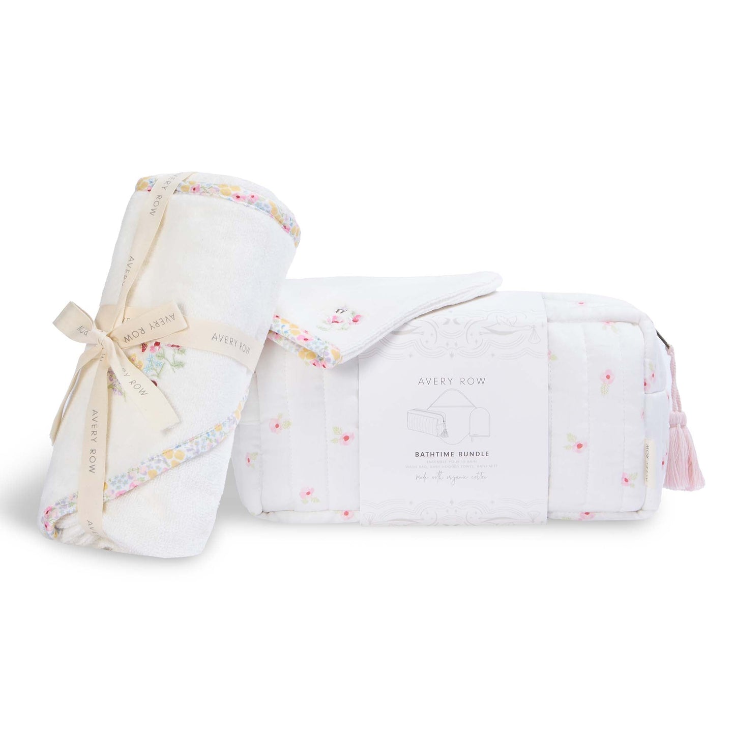 Baby swaddle and muslin blanket set with floral pattern on a white background