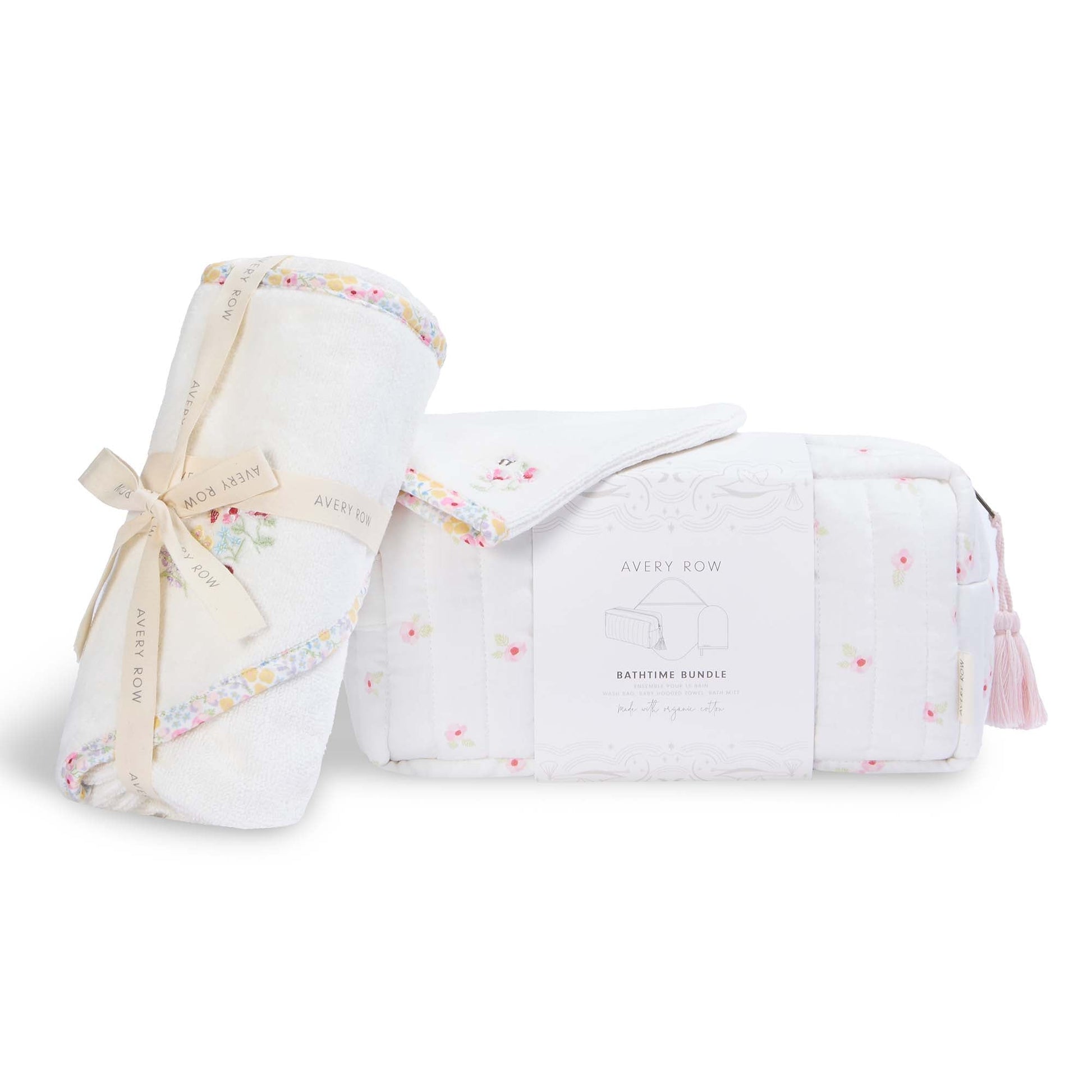 Baby swaddle and muslin blanket set with floral pattern on a white background