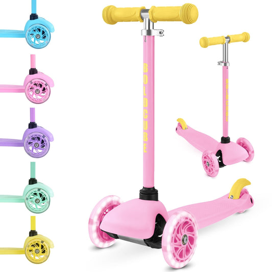 Pink scooter with yellow handlebar and wheels on a white background