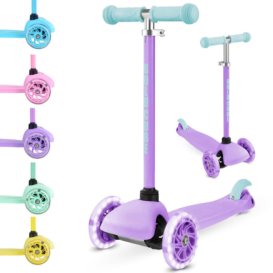 Purple scooter with colorful wheels on a white background