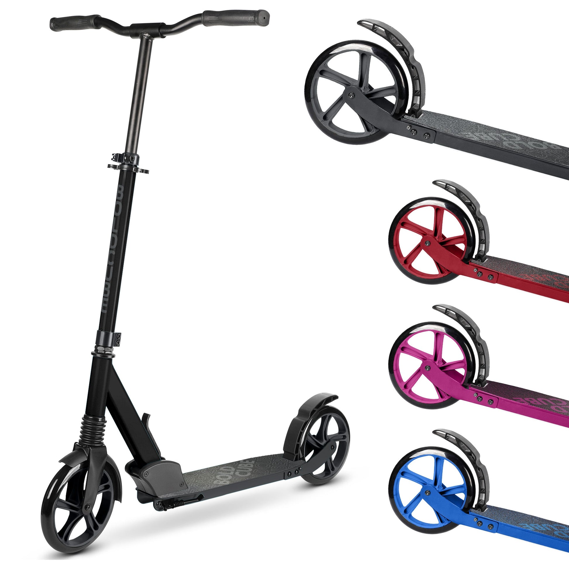 Black scooter with colorful wheels on a white background