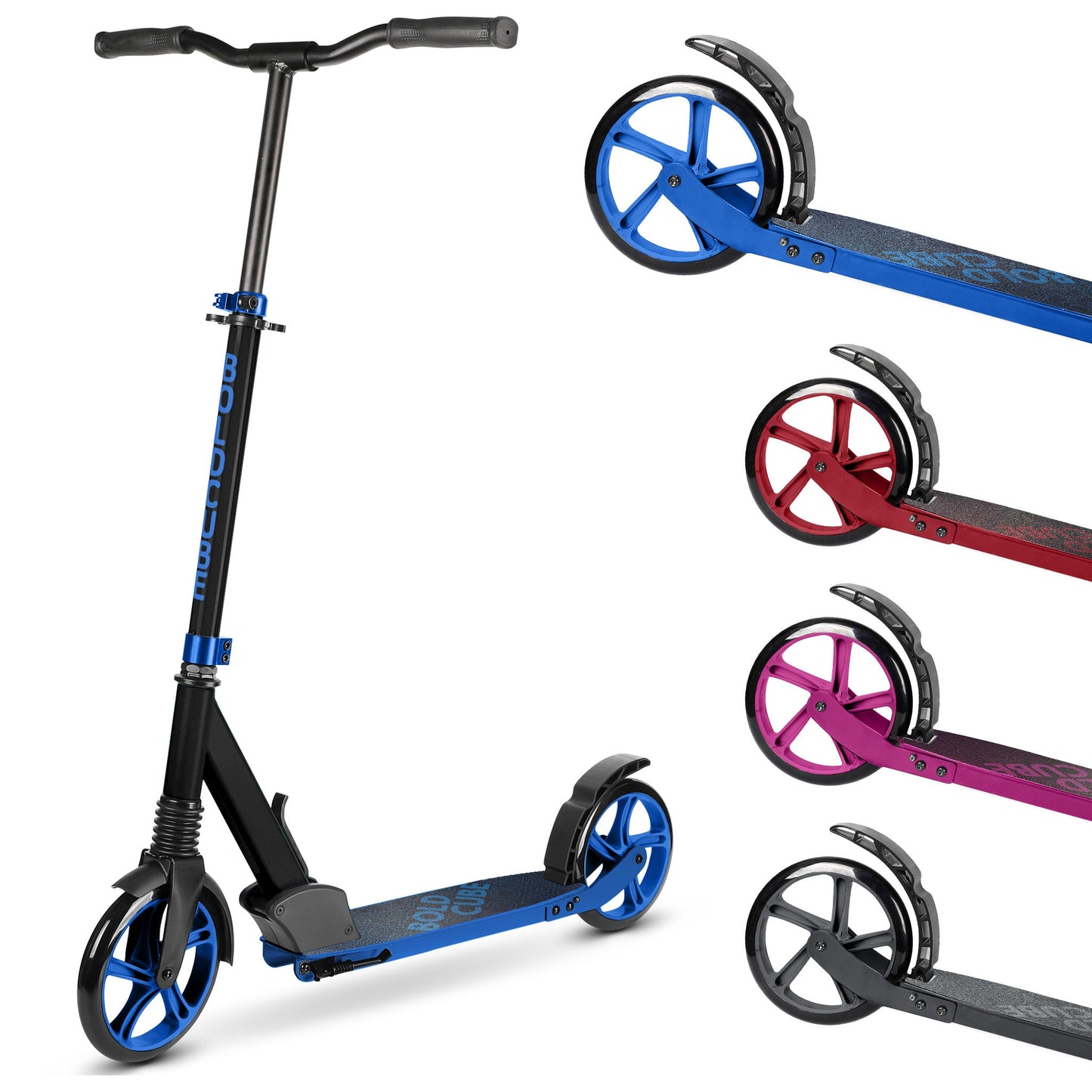 Black scooter with blue wheels on a white background