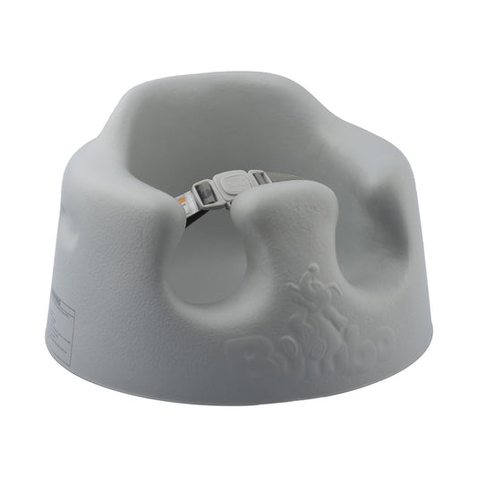 Gray baby seat with a strap on a white background