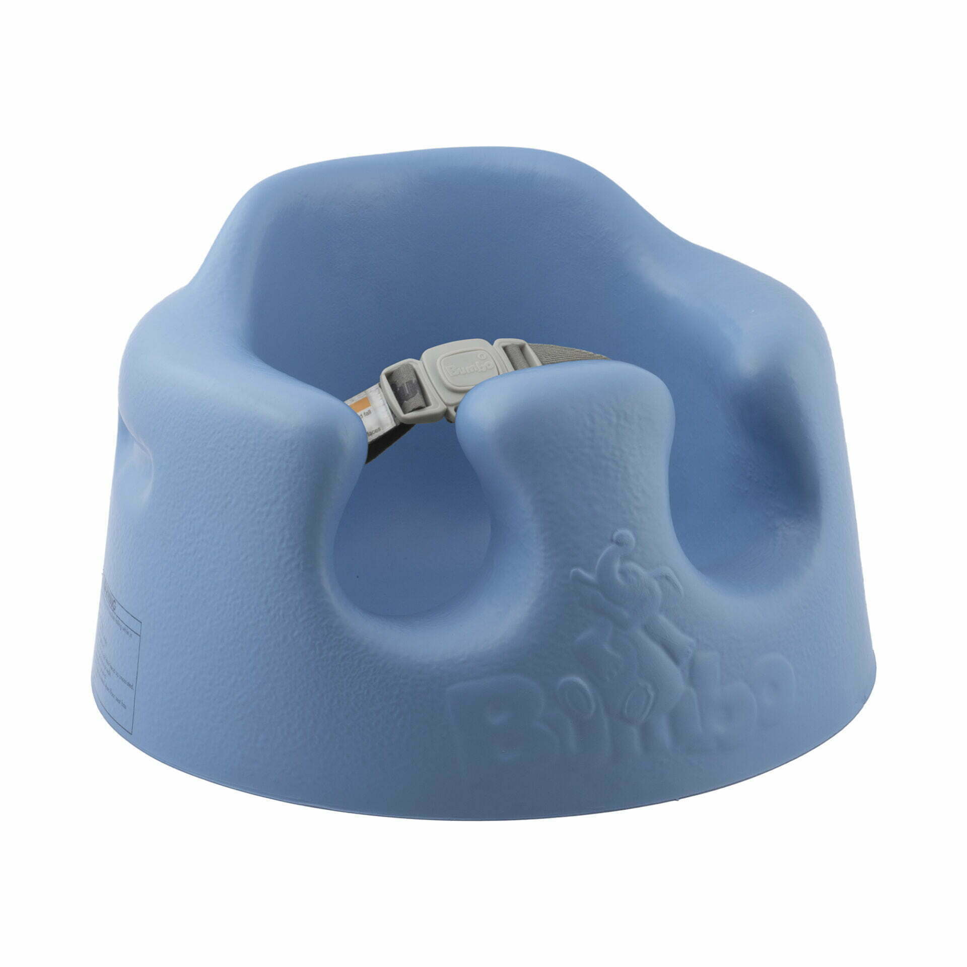 Blue children's seat with a strap on a white background