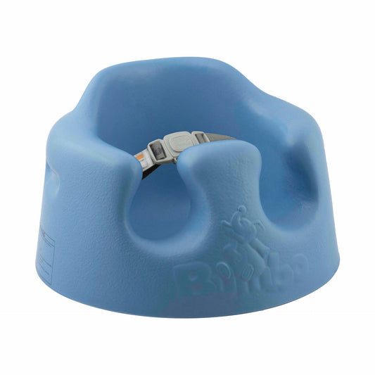 Blue children's seat with a strap on a white background