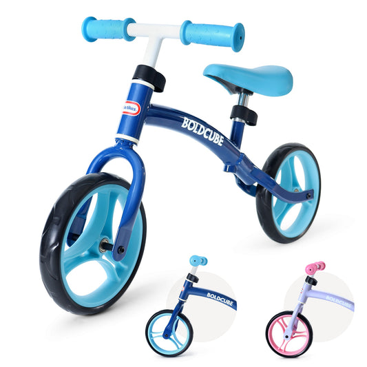 Blue balance bike with smaller versions of the same bike in the background on a white background