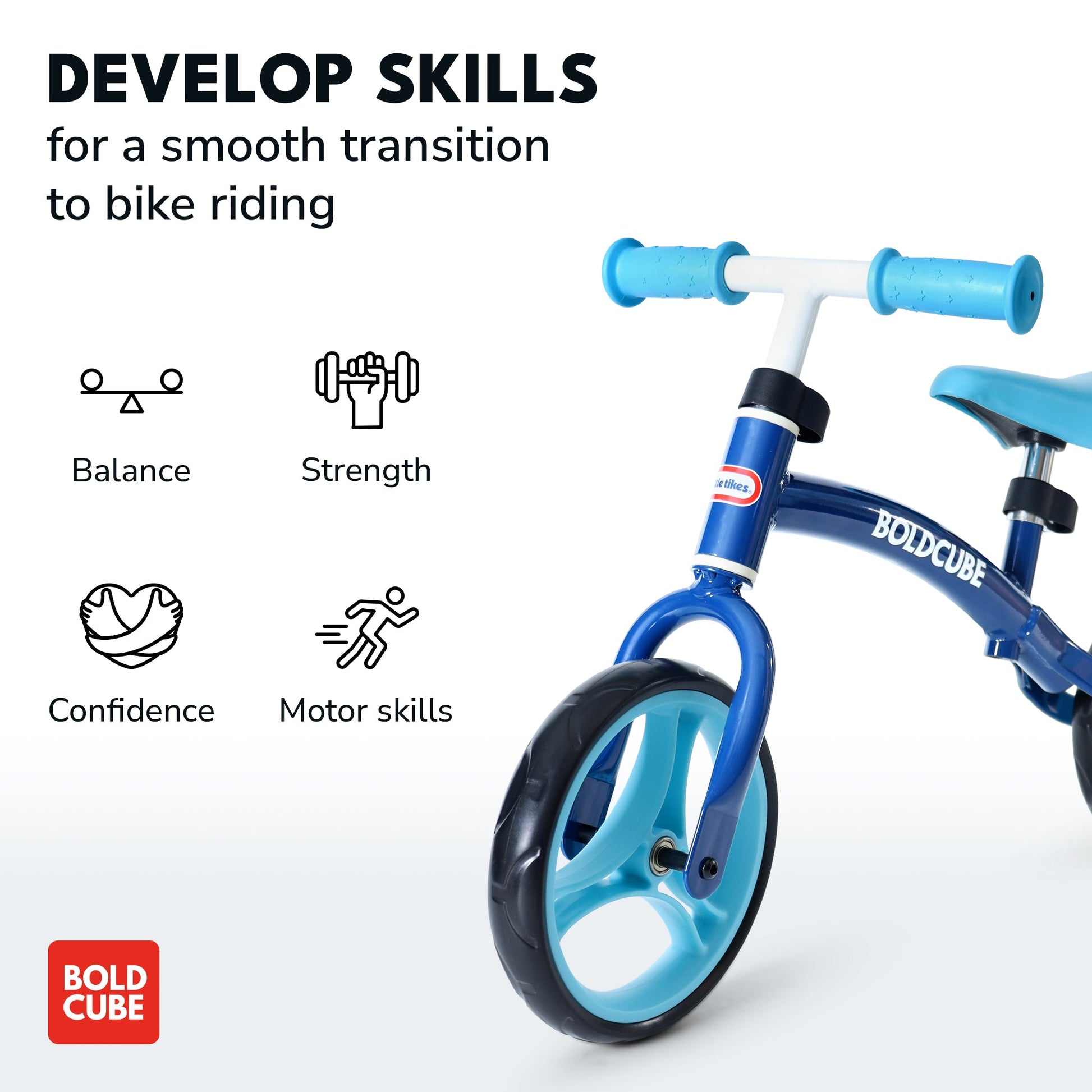 Blue balance bike with icons and text highlighting skills developed, on a white background.