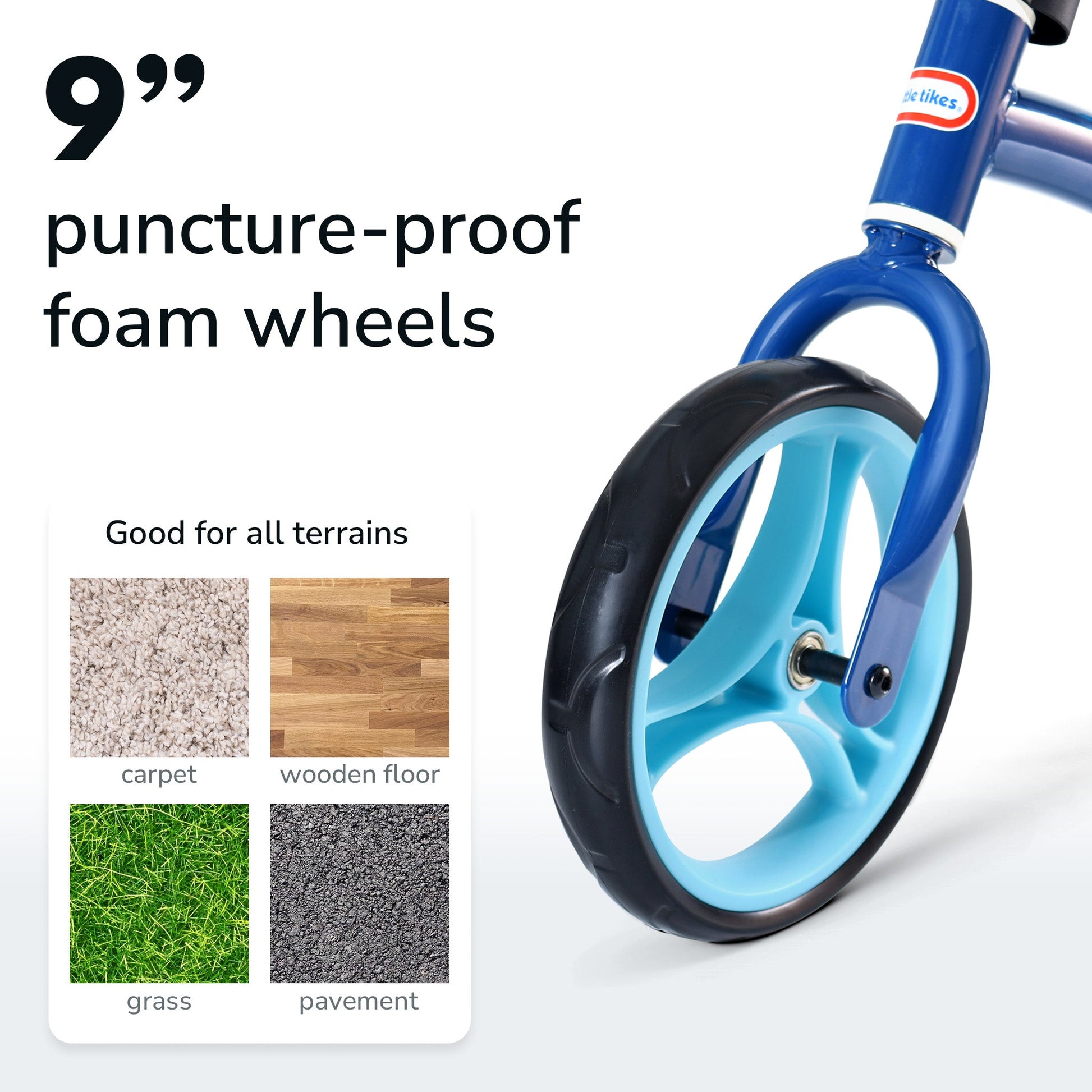 Blue children's balance bike with 9-inch puncture-proof foam wheels on a white background.