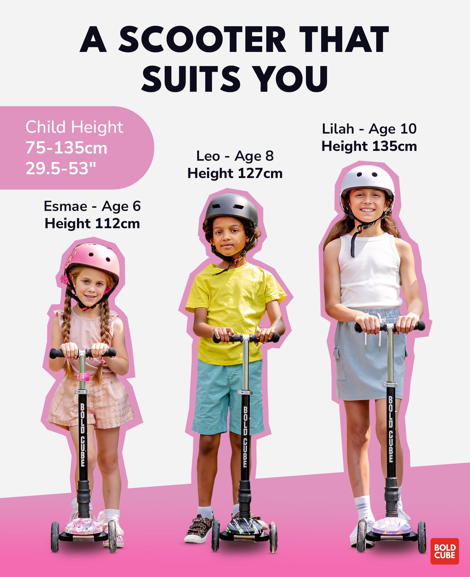 Children with scooters and height chart on a pink and white background