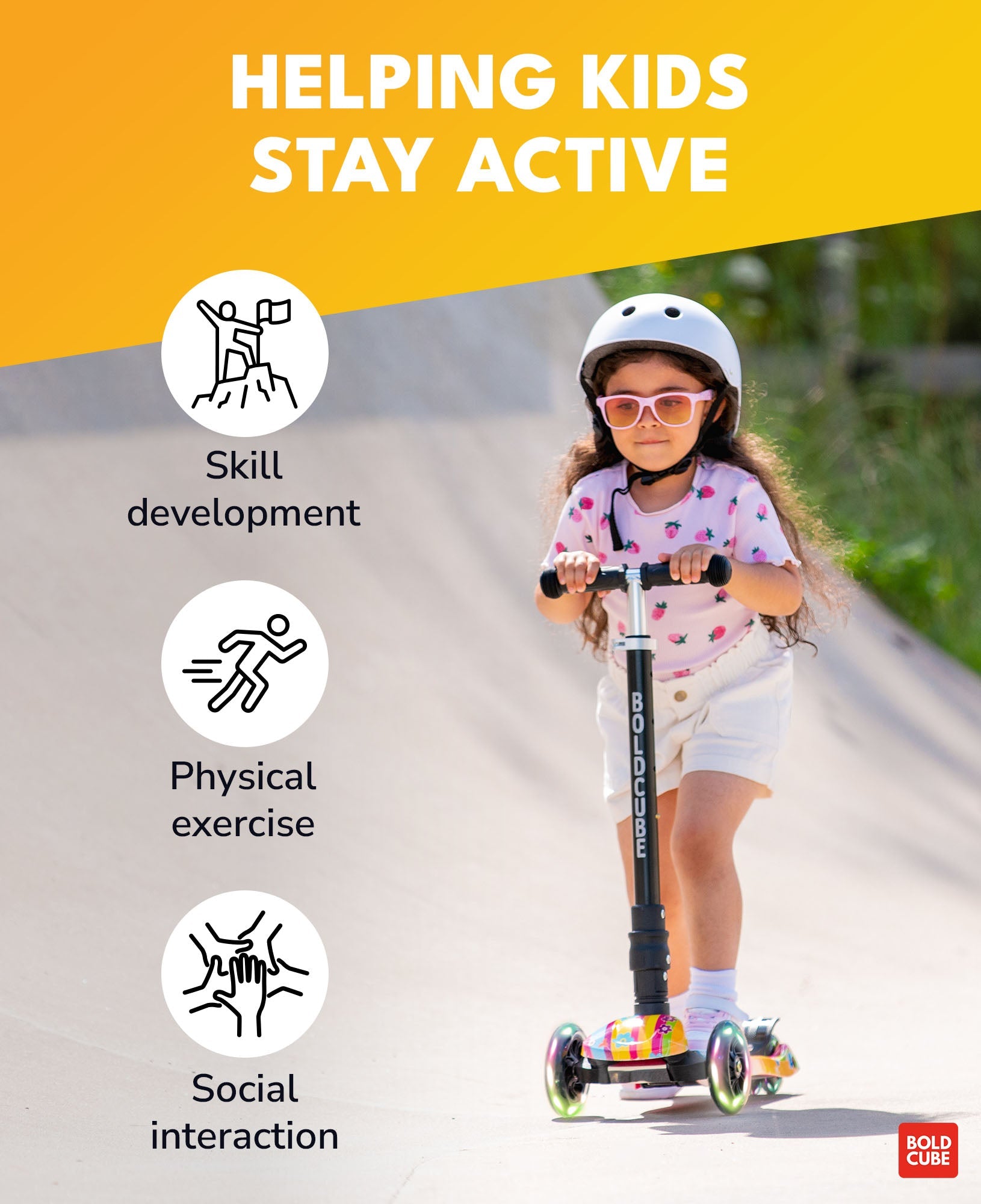 Child riding a scooter with text about skill development, physical exercise, and social interaction on a yellow background.