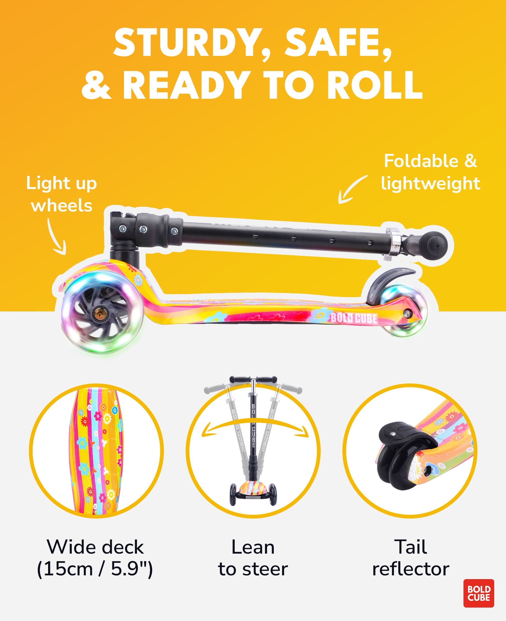 Colorful scooter with features highlighted on a yellow background