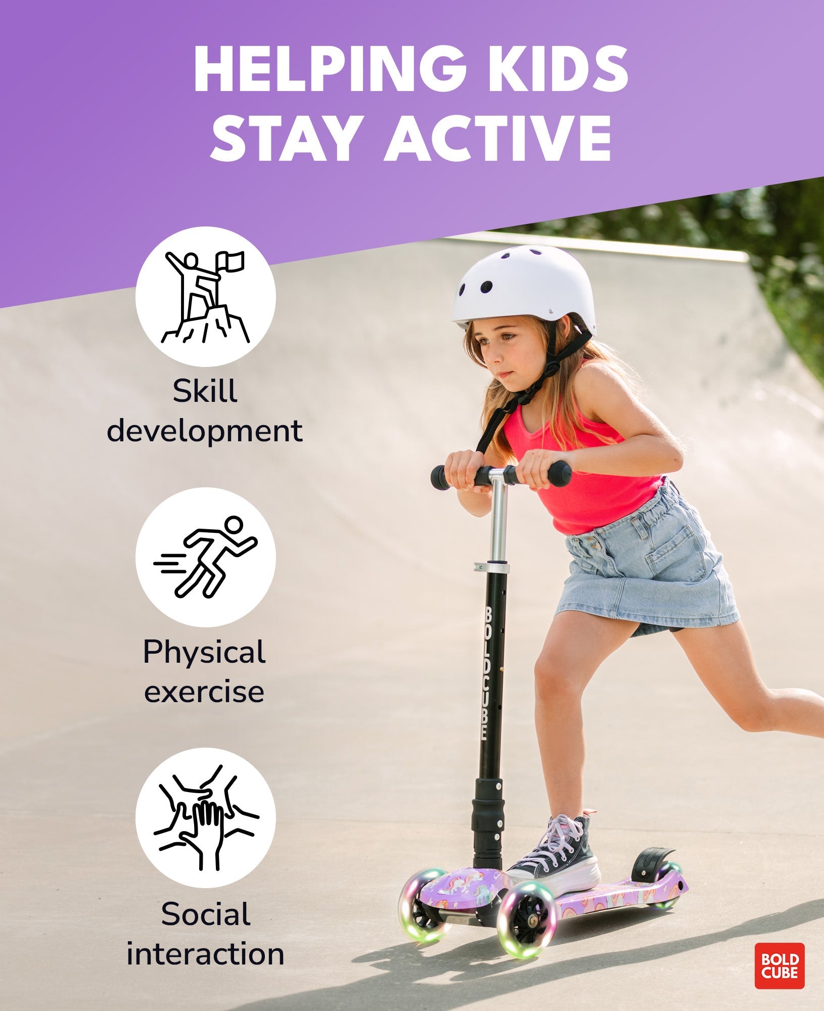 Child riding a scooter with text about helping kids stay active on a purple background