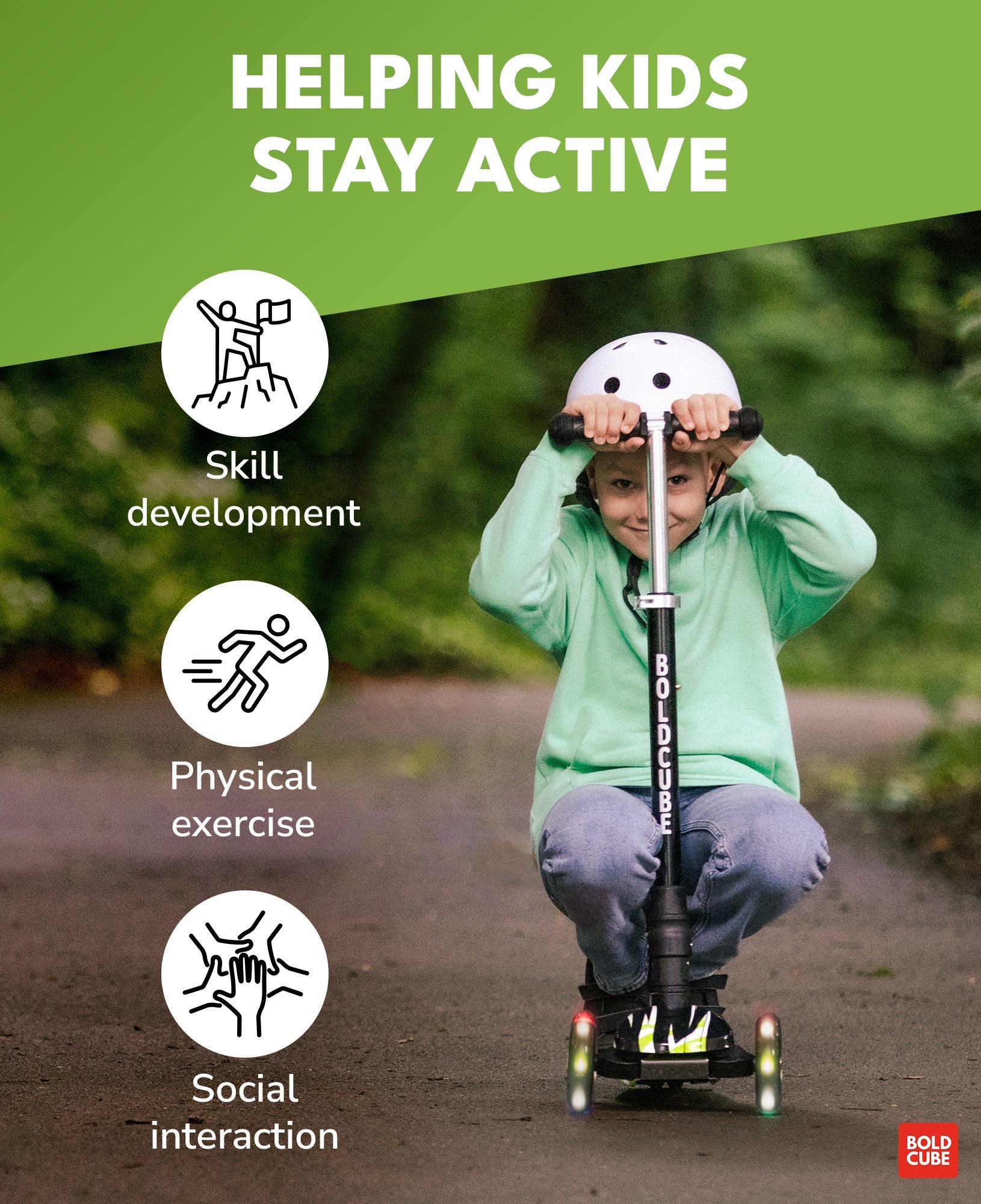 Child riding a scooter with text about helping kids stay active, skill development, physical exercise, and social interaction.