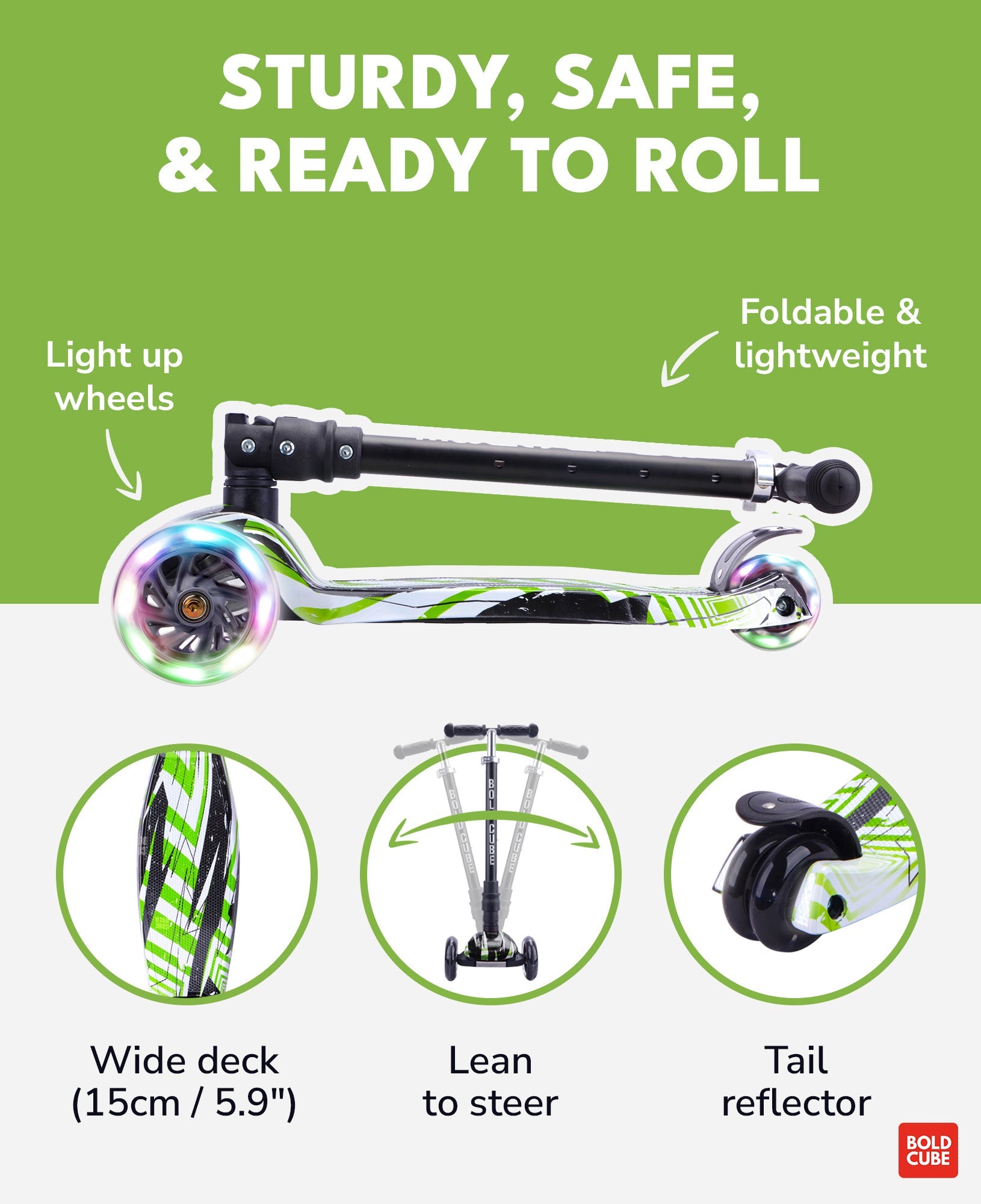 Foldable scooter with features highlighted on a green and white background