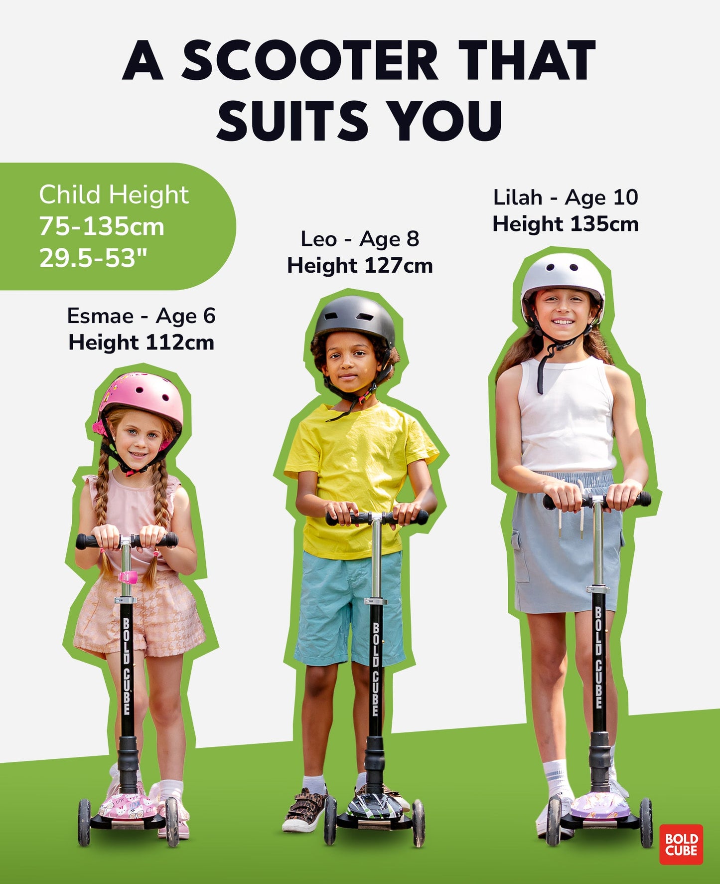 Children using scooters with height and age information displayed