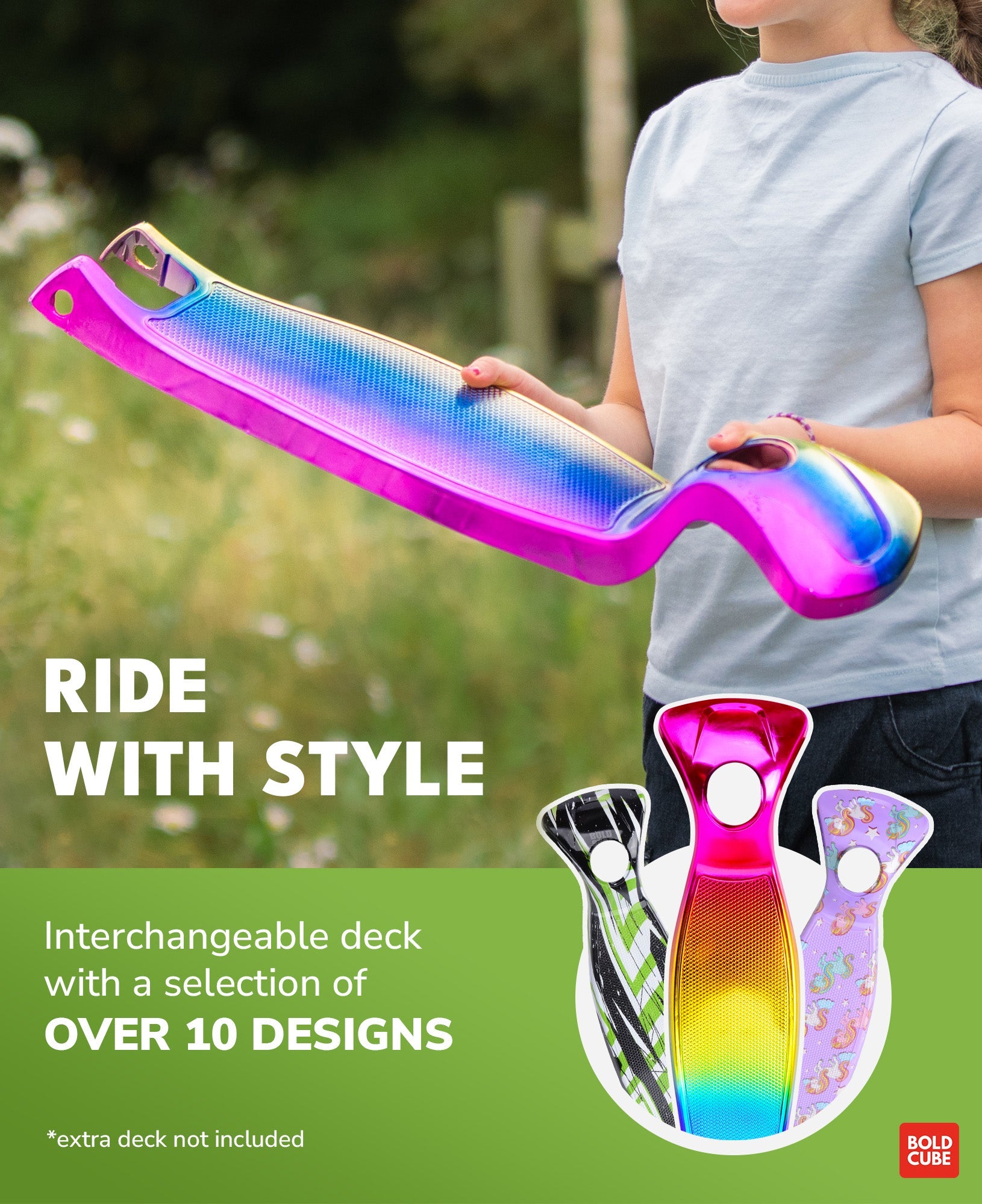 Colorful inflatable滑板 with interchangeable deck design, held by a person outdoors.