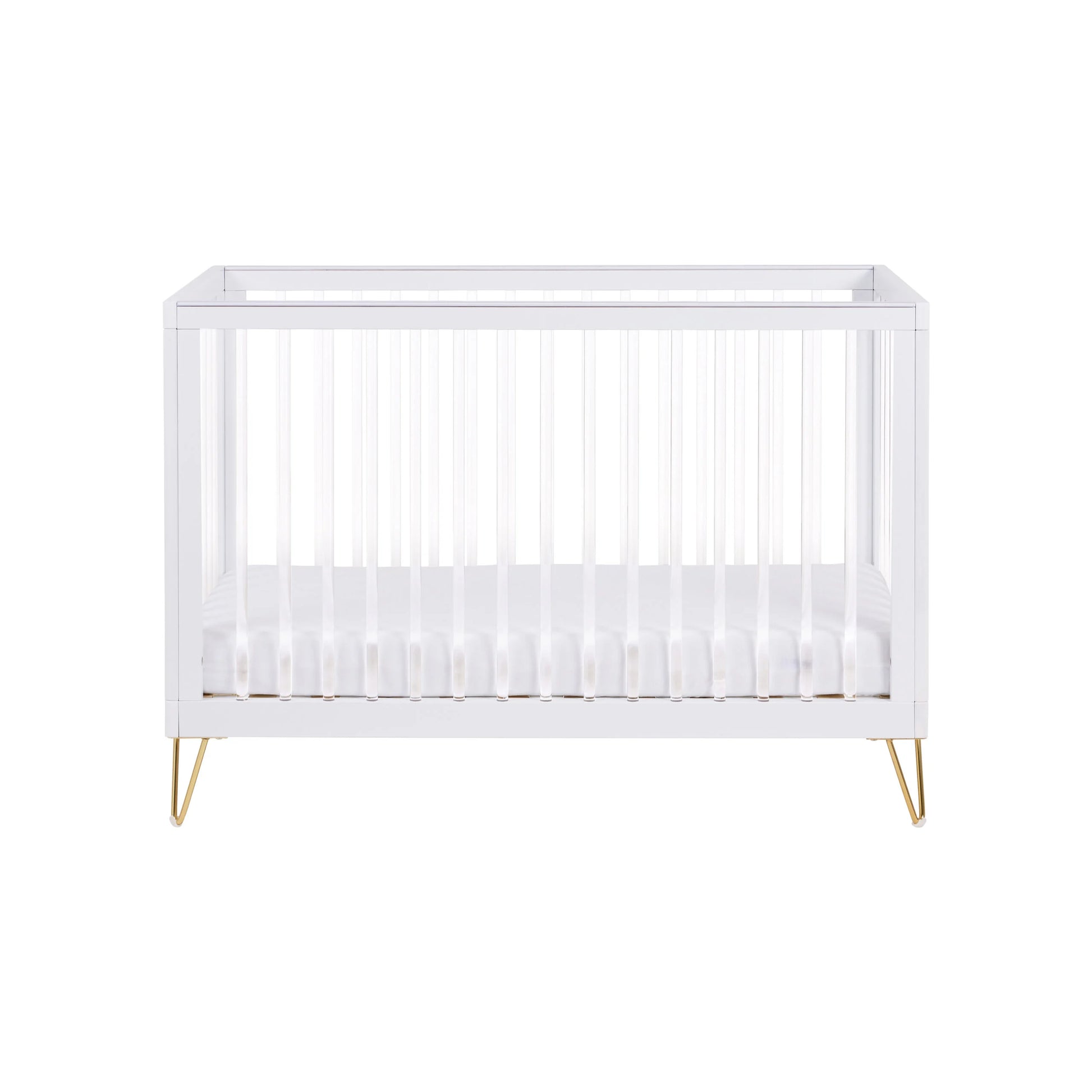White crib with gold legs on a white background