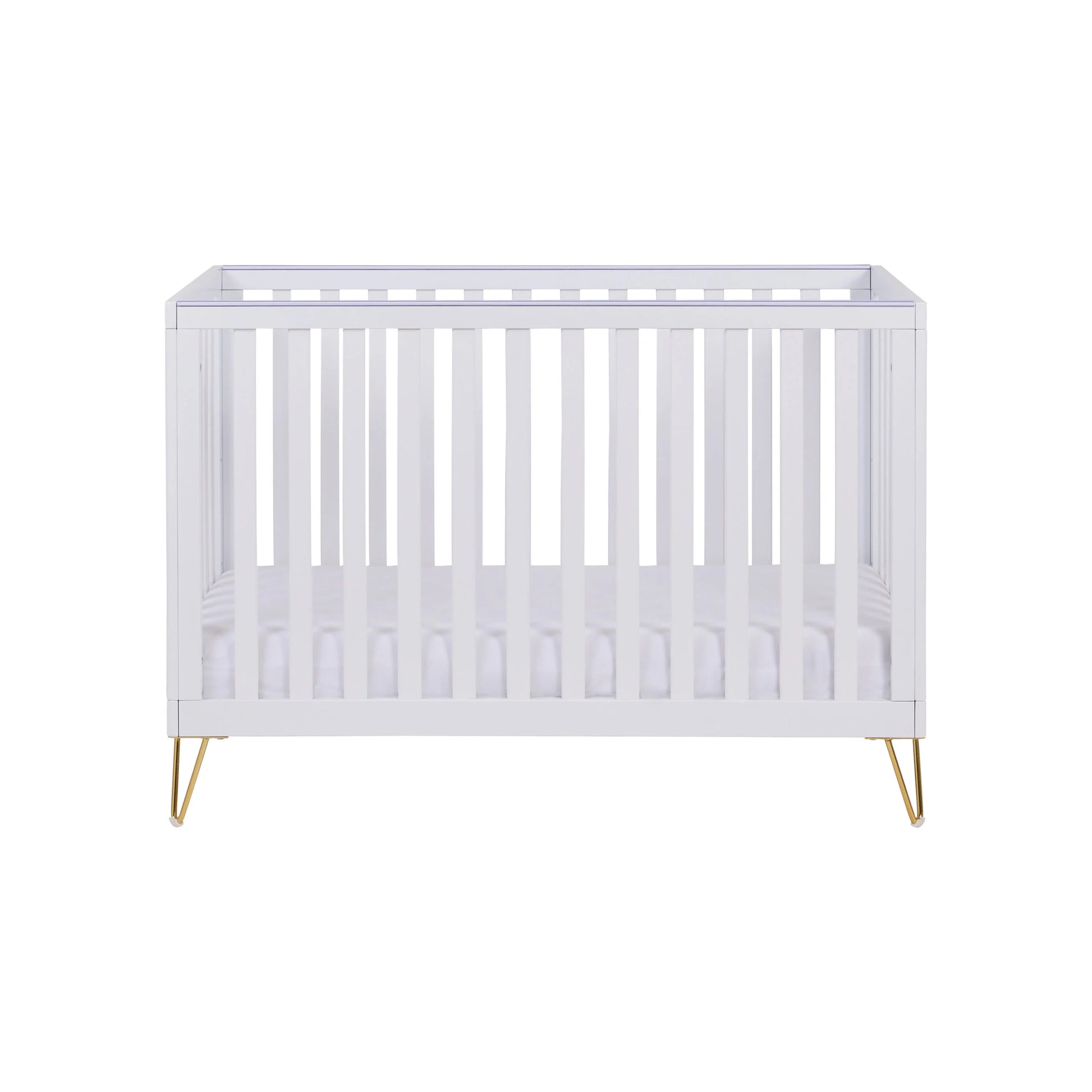 White crib with gold legs on a white background