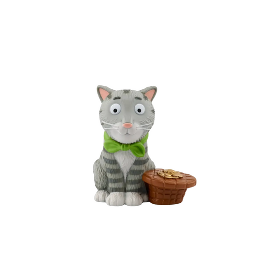 Cat figurine with a green scarf and basket on a white background