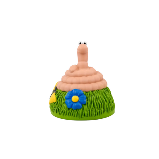 Toy figure of a bee on a flower with a white background