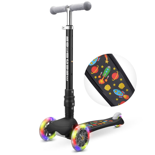 Children's scooter with colorful wheels and space-themed backpack on a white background