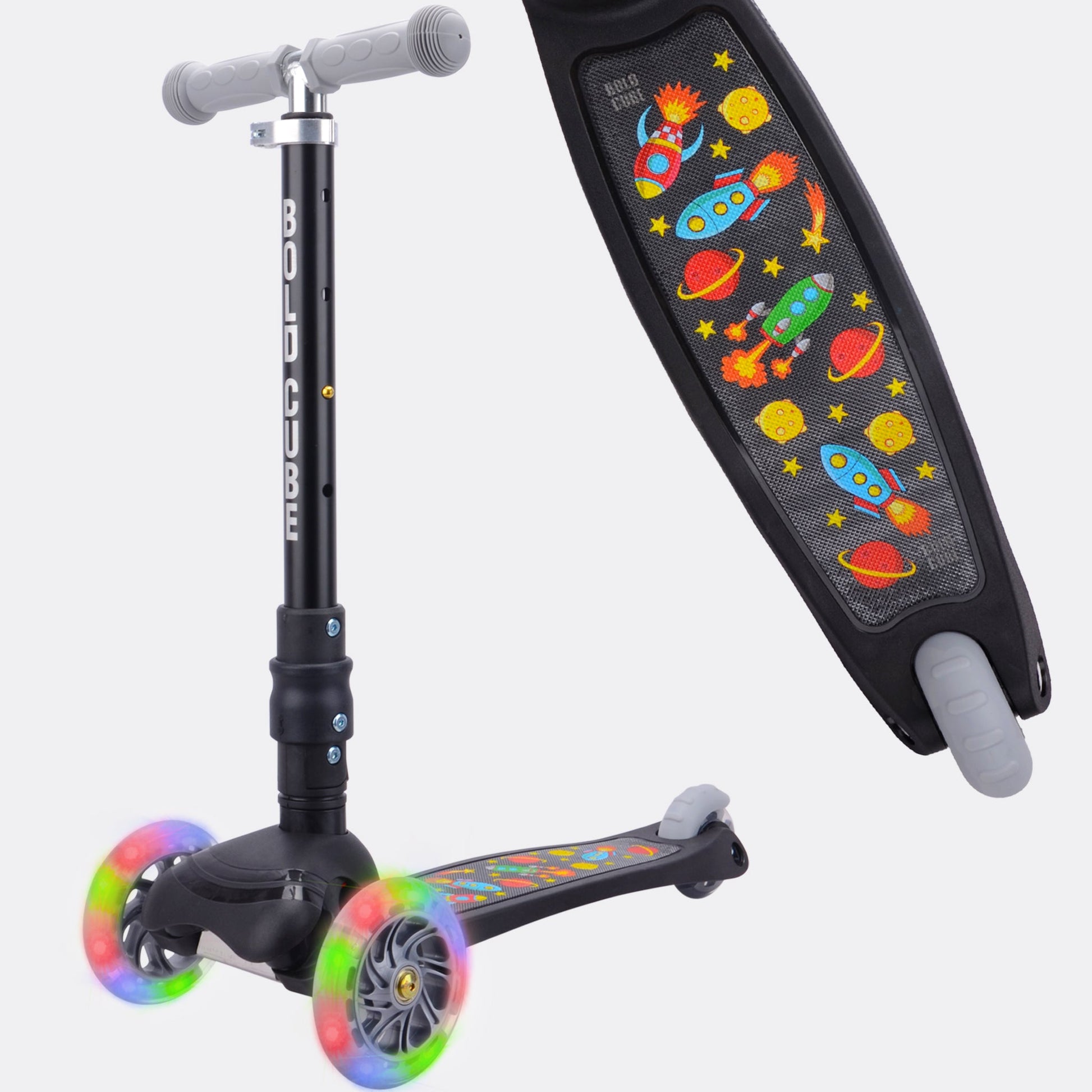 Children's scooter with space-themed design on a white background