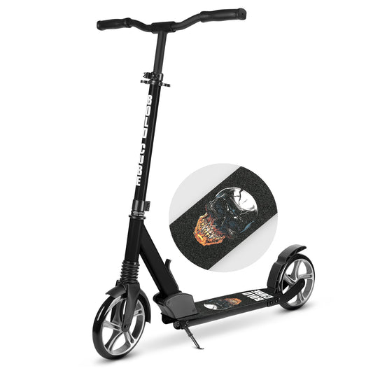 Black scooter with a close-up of a skull design on a white background