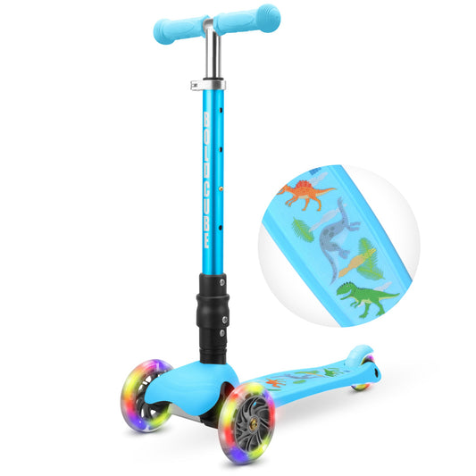 Children's scooter with colorful wheels and dinosaur design on a white background