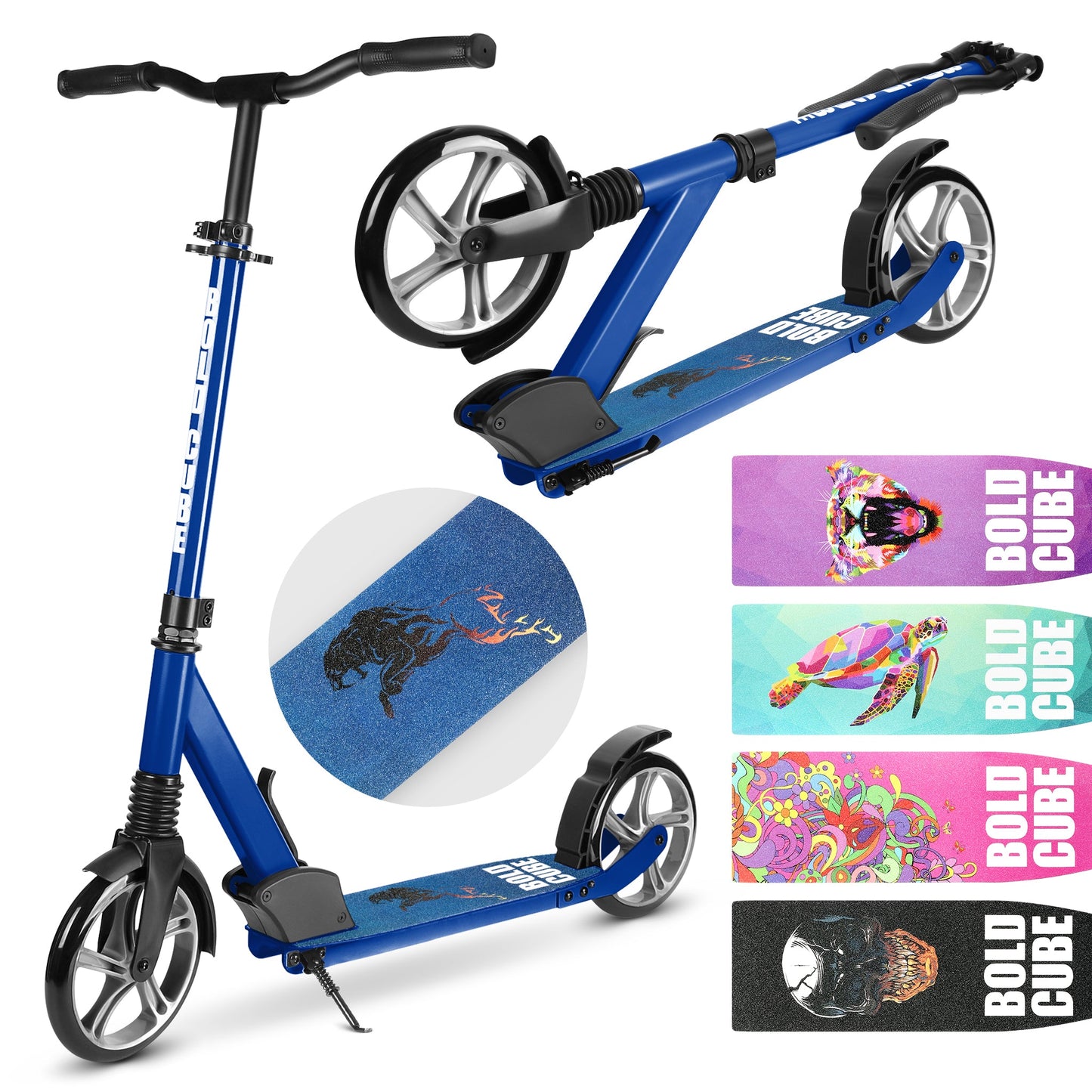 Blue scooter with colorful deck designs on a white background
