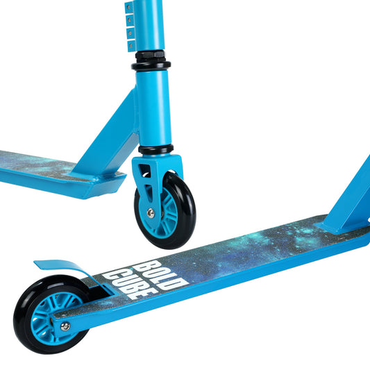 Blue scooter with black wheels on a white background