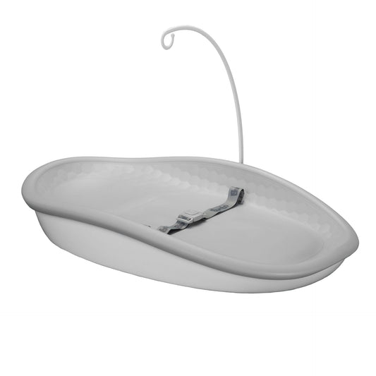 Grey changing pad with a hook on a white background