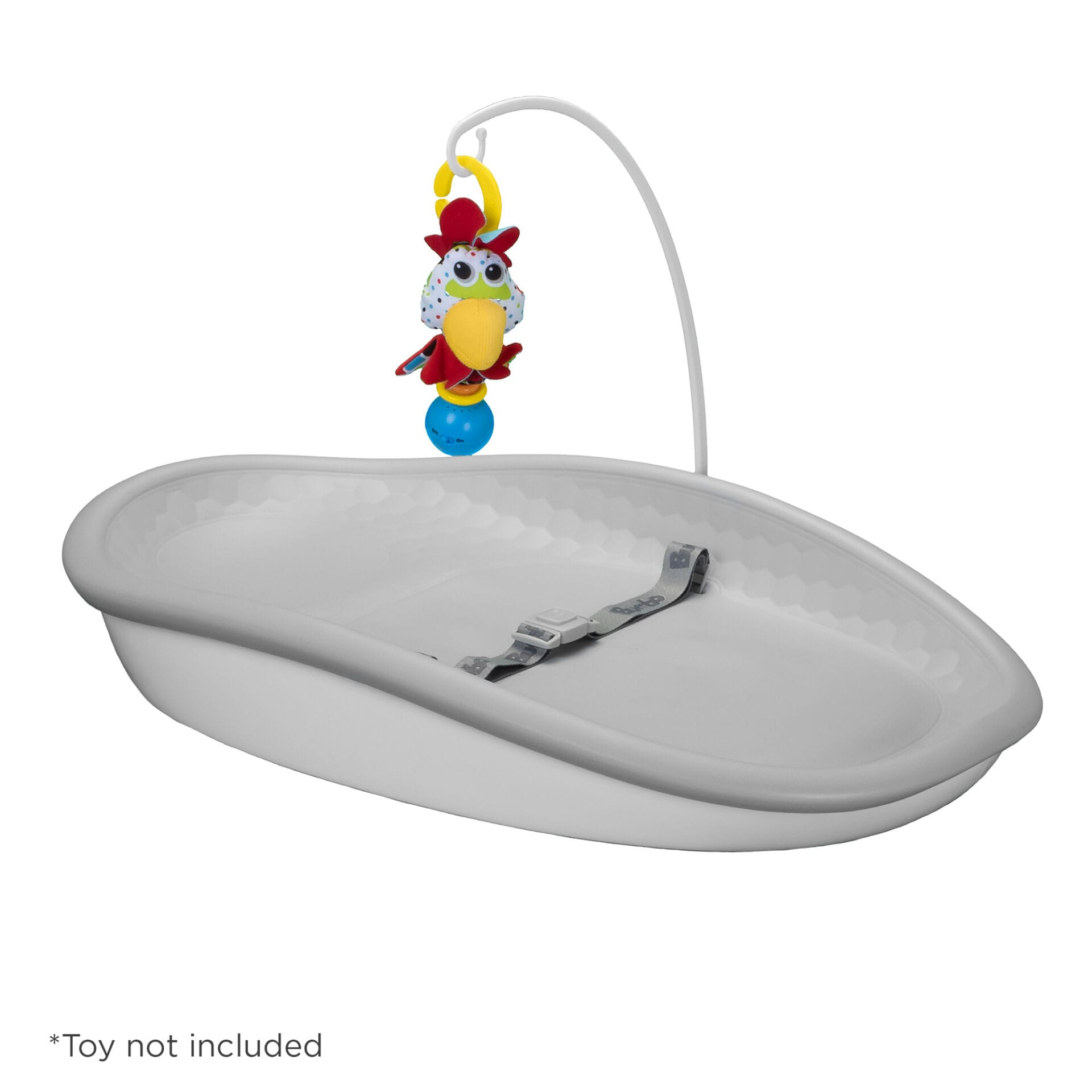 Grey changing pad with a hook on a white background