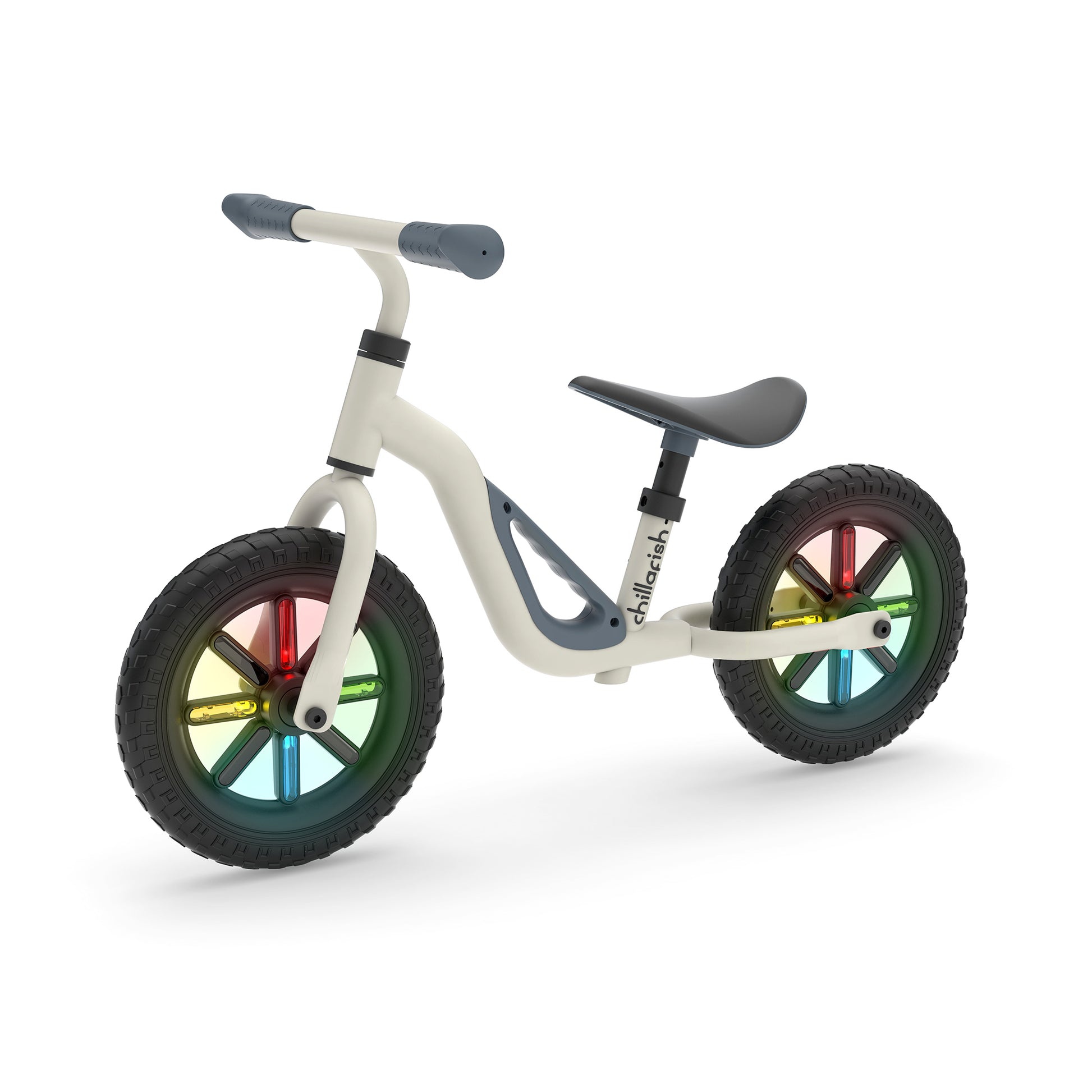 Children's balance bike with colorful wheels on a white background