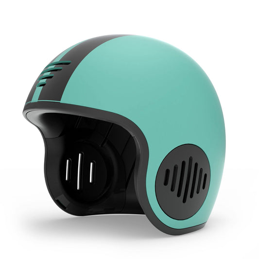 Teal and black helmet on a white background