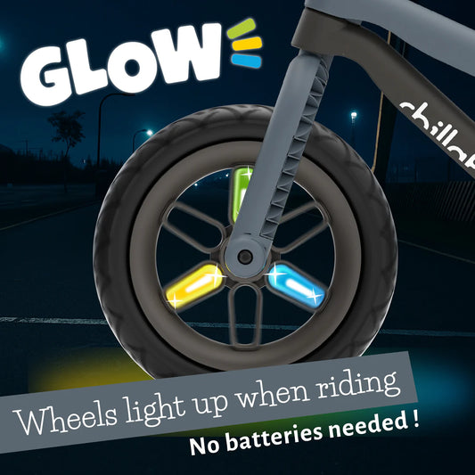 Bicycle wheel with glowing lights on a dark background, featuring the brand 'GLOW'.